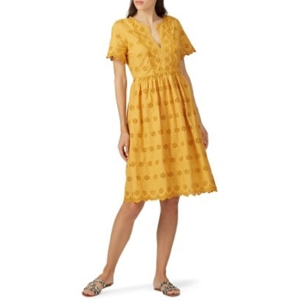 MADEWELL Yellow Woven Cotton Scalloped Short Sleeves Eyelet Midi Dress Size 0